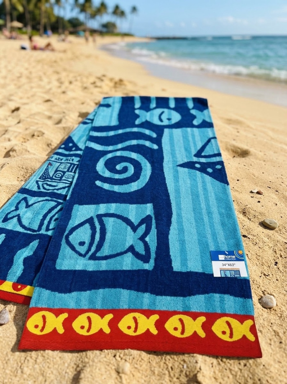 NWT JCPenny Hone Collection “Fish & Boats” 34”x64” Blue Tropical Beach Towel